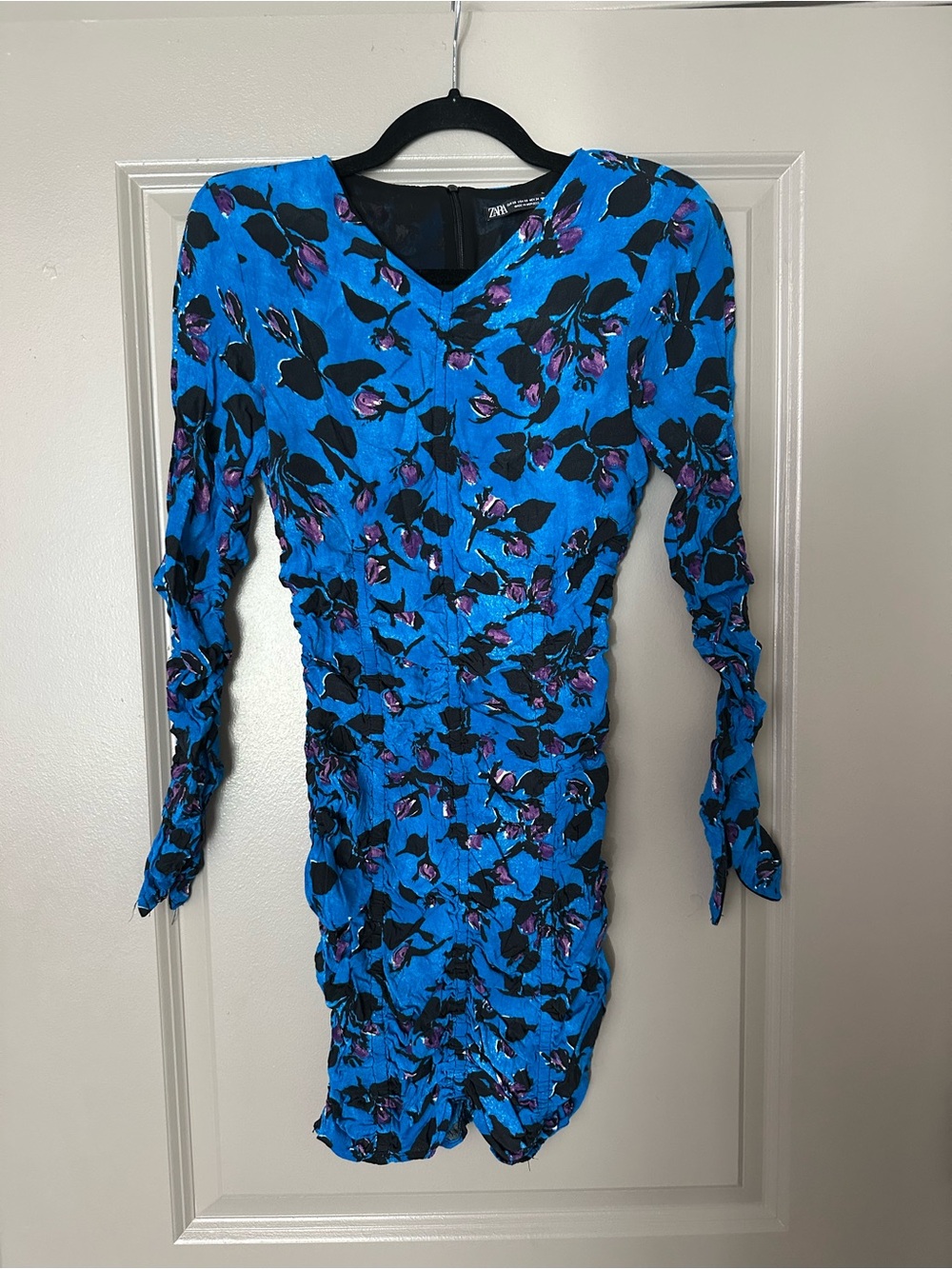 Zara Bright Blue Floral Long-Sleeve Ruched Mini Dress